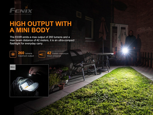 Фонарь Fenix E03R (MATCH CA18 + EVERLIGHT 2835, ANSI 260 лм, Li-Po)