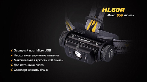 Фонарь Fenix HL60R SE - без АКБ в комплекте (XM-L2 U2, ANSI 950 лм, 18650/CR123A)